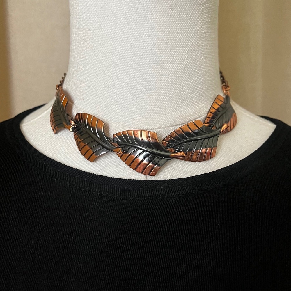 Vintage Whiting & Davis Leaf Necklace Two Tone Copper Gunmetal Sculptural Collar